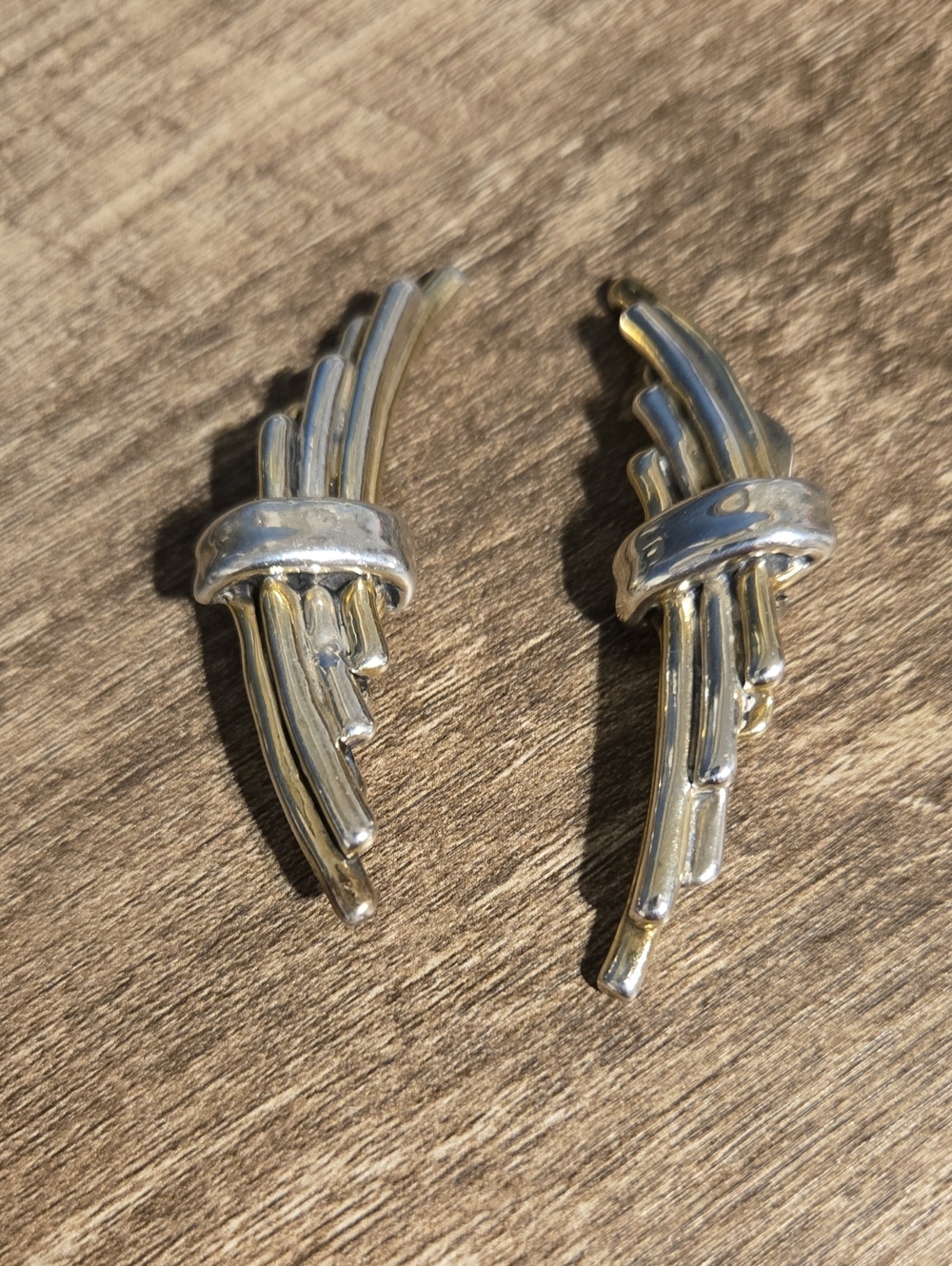 VTG 925 Sterling Silver Modernist Two Tone Ribbon Waterfall Clip On Earrings 3"
